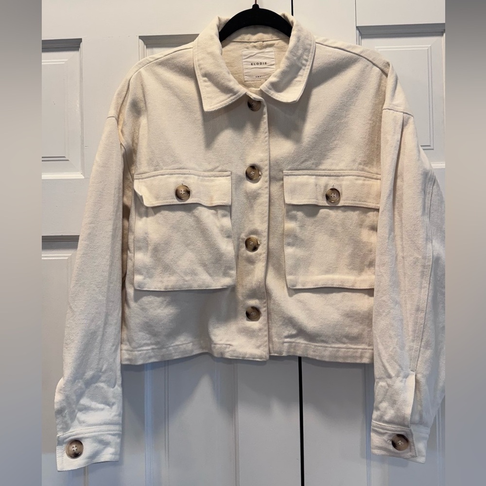 ELODIE Cream Cropped Cotton Button-Front Jacket